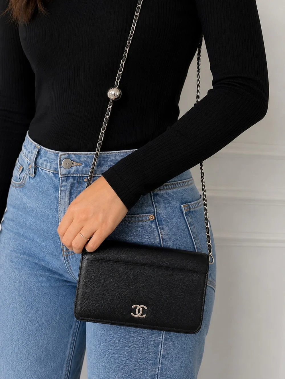 CHANEL Black Caviar Leather Chain Wallet Crossbody